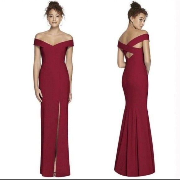 Dessy Collection Burgundy Off the Shoulder Criss Cross Trumpet Dress Size 12 - Picture 1 of 9